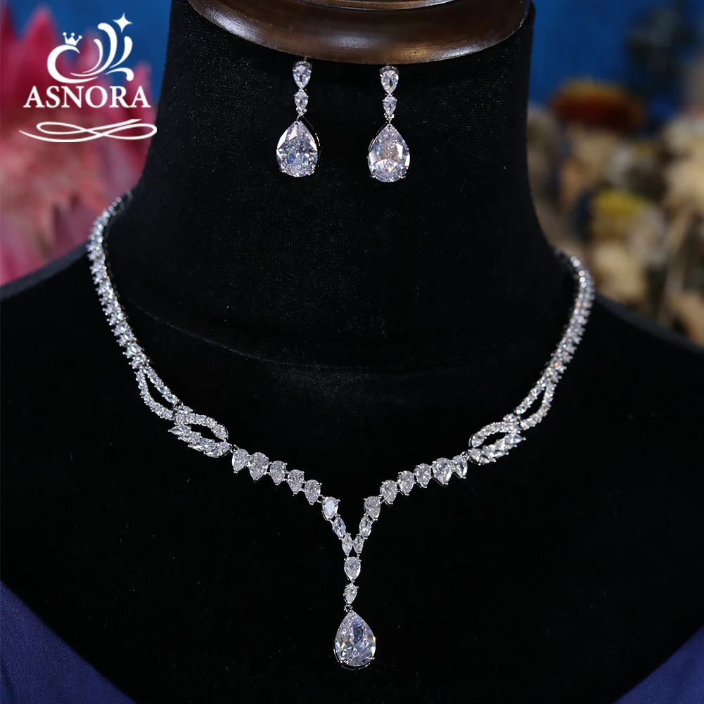 

ASNORA New Design 3A High Quality Cubic Zirconia Water Drop Royal Bride Wedding Evening Earrings Necklace Jewelry Set Female