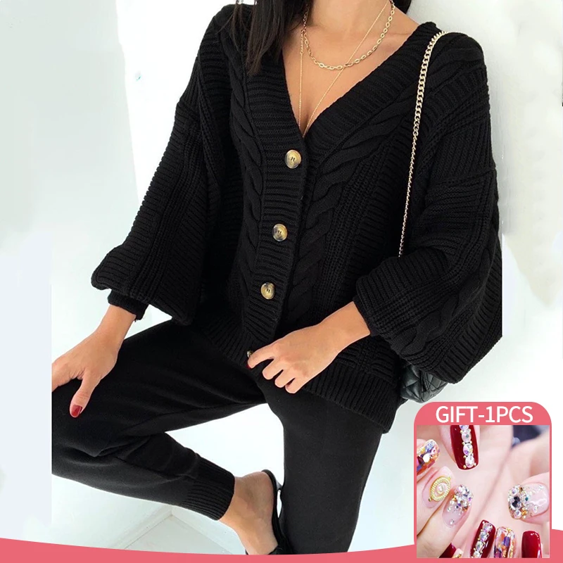 

Winter Women Warm V-neck Knit Suit Fashion Single-Breasted Knitted Loose Sweater + Elastic Waist Long Pants Elegant 2 Piece Set