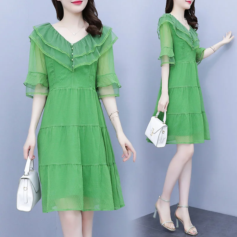 

4XL Large Dress Women's Summer 2022 New Style Elegant Casual V-neck Light Green Ruffle Slim Fashion Vintage Solid Dresses