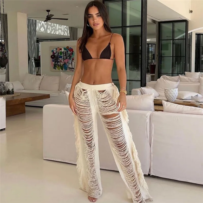 

Echoine New Desigh Hollow Out Side Tassel Fringe Trousers Women Sexy See Through High Waist Pants Street Summer Party Clubwear