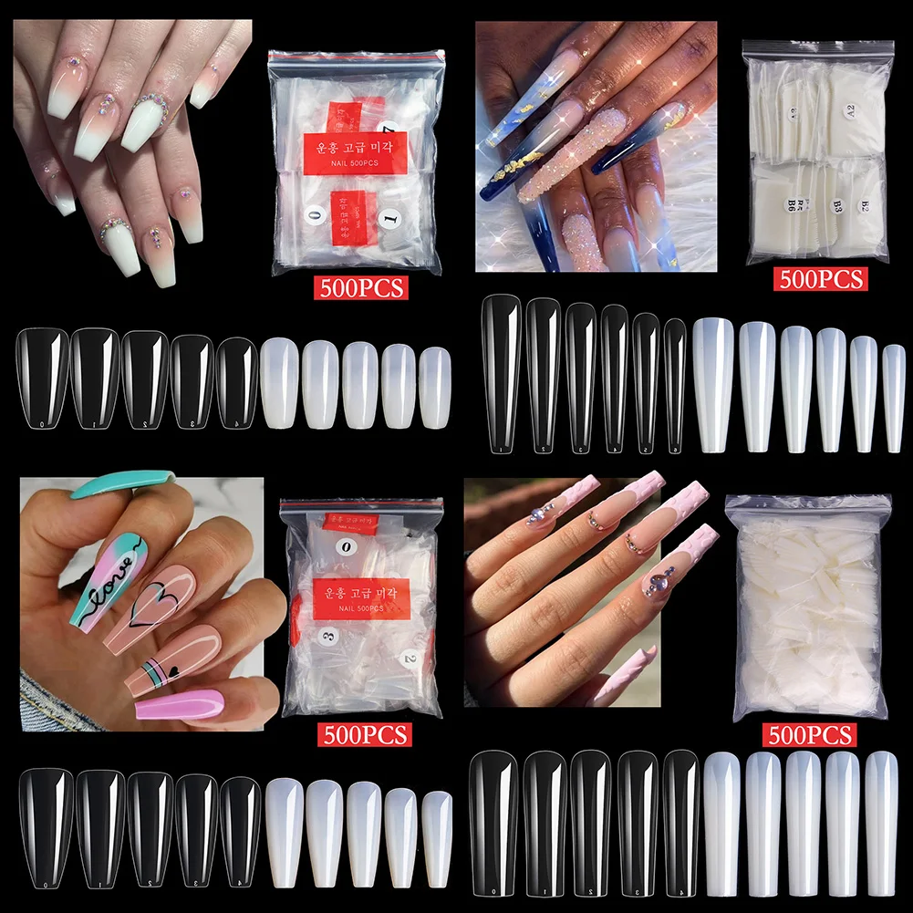 

500Pcs Fake Nail Tips Full Coverage Acrylic Extension Nail Tips Natural Transparent Quick Building Nails Manicure Tool
