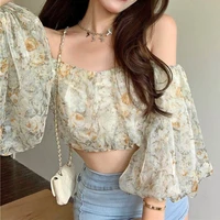summer floral chiffon shirt women fashion vintage puff sleeve blouse woman new cold shoulder cropped tops female