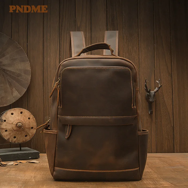 Simple vintage high quality natural crazy horse cowhide men backpack casual daily travel bookbag genuine leather laptop bagpack