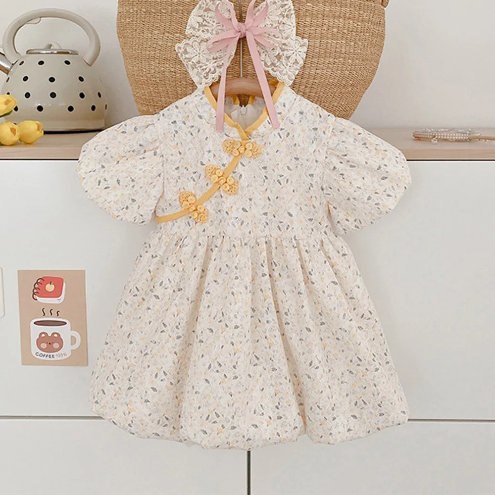 

Floral Girls Summer Dress Puff Sleeve Cotton Chinese Style Cheongsam Princess Kids Boutique Clothes