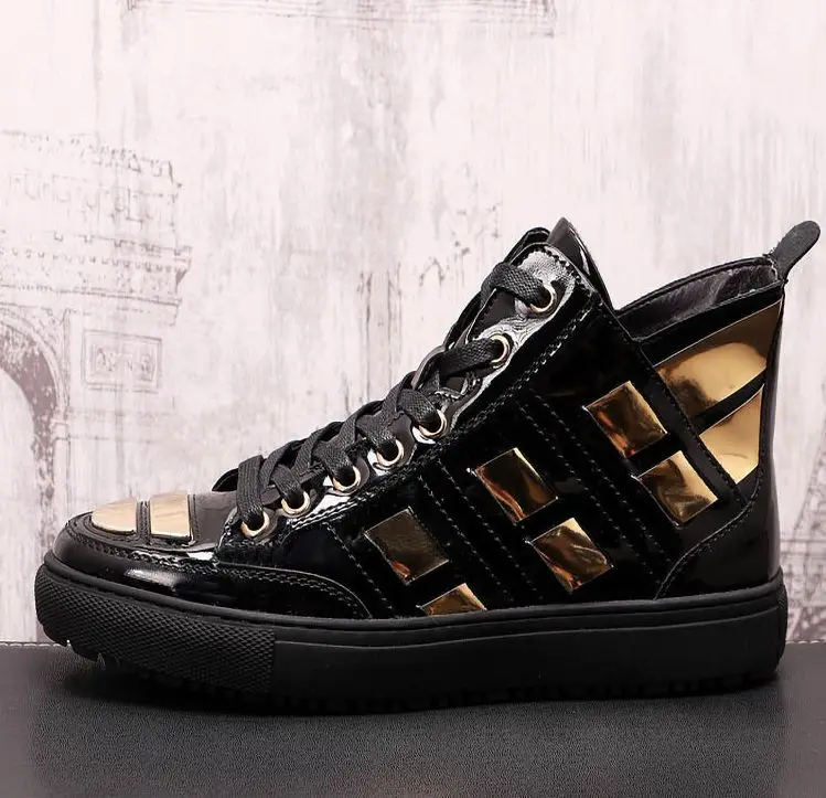 

2021 New Mens Charm Black Gold Mix High Tops Casual Shoes Flats Male Designer Prom Walking Boots Loafers Zapatos Hombre