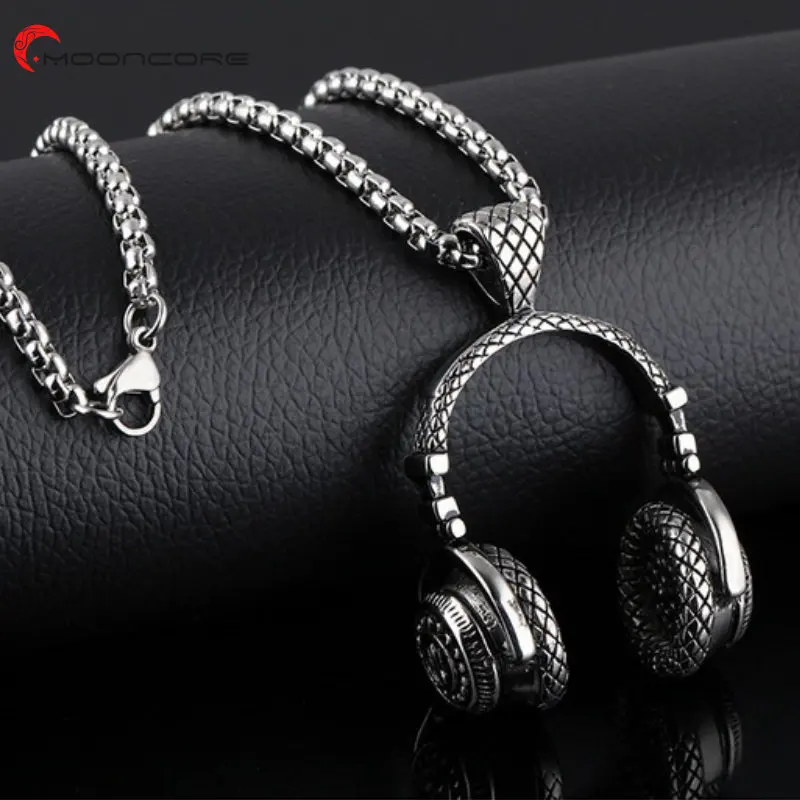 MOONCORE Hip Hop Rock Music DJ Headphone Men Women Pendant Necklace Male Stainless Steel Neck Jewelry 60cm Chains Couple Gift