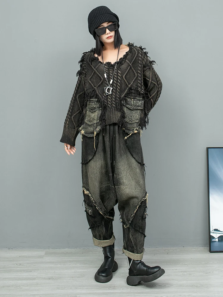 Индивидуальный Состаренный шерстяной джинсовый топ с прострочкой