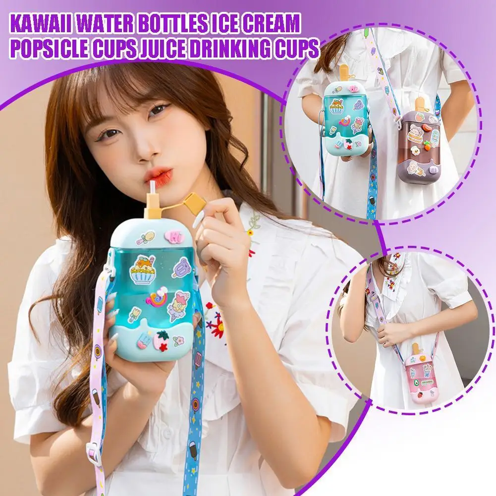 

New Cute Water Bottle With Straw Portable Fancy Ice Cream Popsicle Cup For Travel Girls Cute Plastic Juice Milk Bottles Chi W8X7
