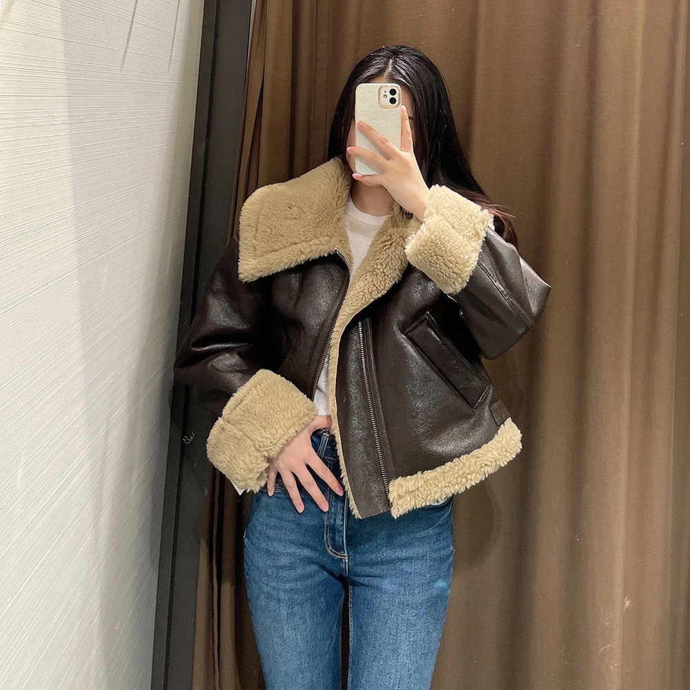 

PB&ZA Women's Fashion Thick Warm Fleece Faux Leather Jacket Coat Vintage Long Sleeve Female Outerwear Chic Top Mujer 2969257