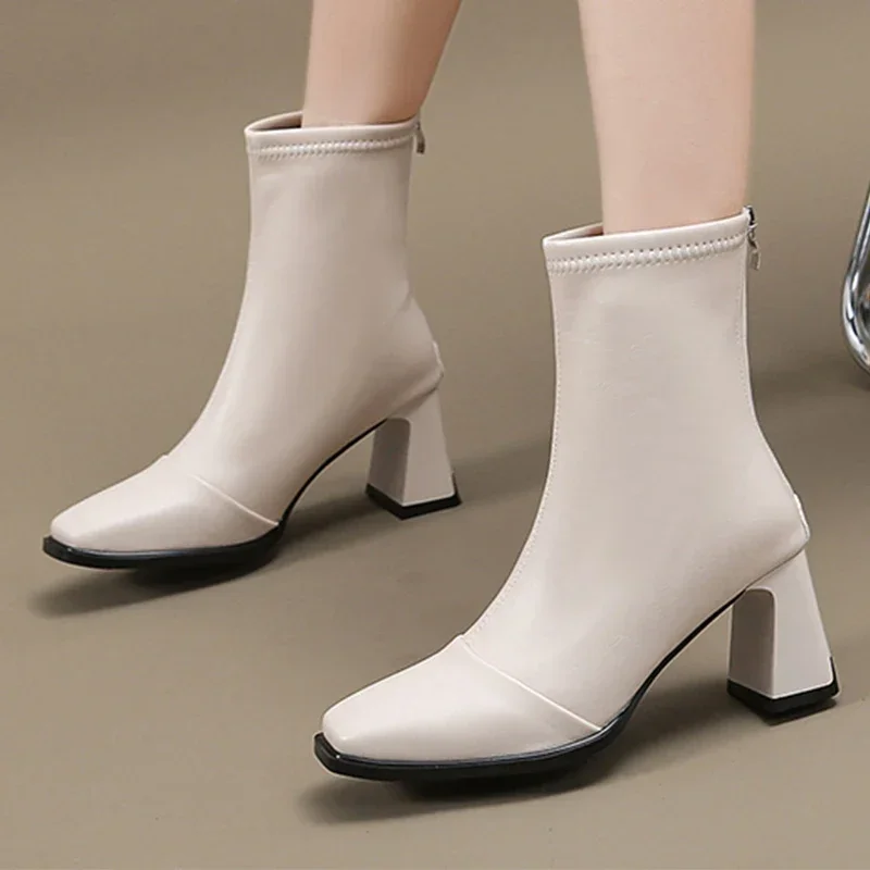 High Heels Ankle Women Boots Square Toe Chunky Shoes Chelsea 2025 Goth Winter Pumps Fashion Retro Botas Mujer