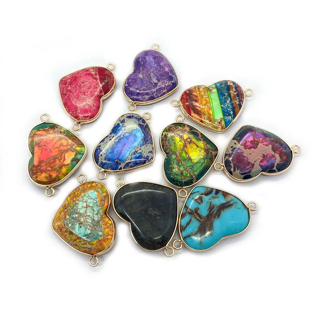 

Natural Sea Sediment Stone Double Hole Connector Pendants Imperial Stone Heart Charms For Jewelry Making DIY Necklace Bracelets
