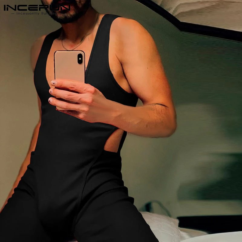INCERUN Comfortable Homewear Men's Onesies Furnishing Side Hollow Rompers Sexy Leisure Low Collar Hot Sale Jumpsuits 2023 S-5XL