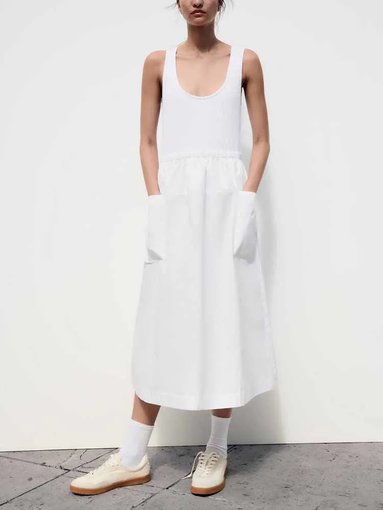 

Новинка, женское летнее модное универсальное повседневное элегантное белое комбинированное платье из поплина без рукавов с круглым вырезом