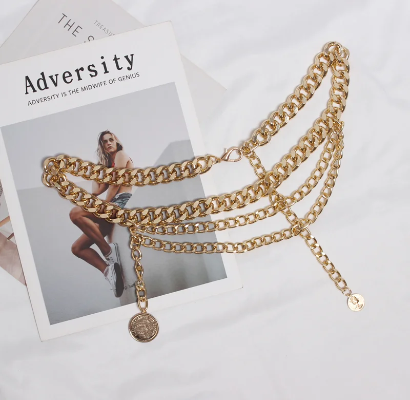 Ремень с толстой цепочкой Женский металлический декоративный золотистый