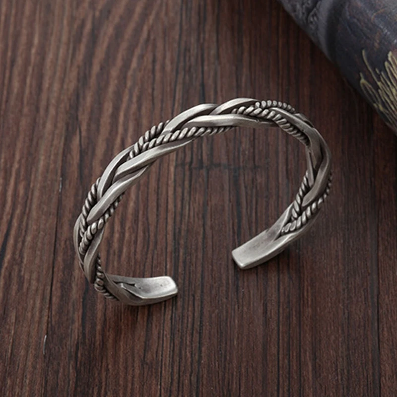 

Personality S925 Silver Fried Dough Twists Woven Bangle Men's and women's Retro Creative Opening Cuban Bracelet Jewelry Gift