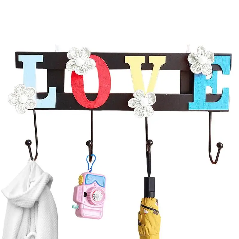 

4 Hooks Wooden Hangers Coat Hangers With Love And Flower Cute Bath Towel Hook For Door Clothing Wall Hat Towel Keychain