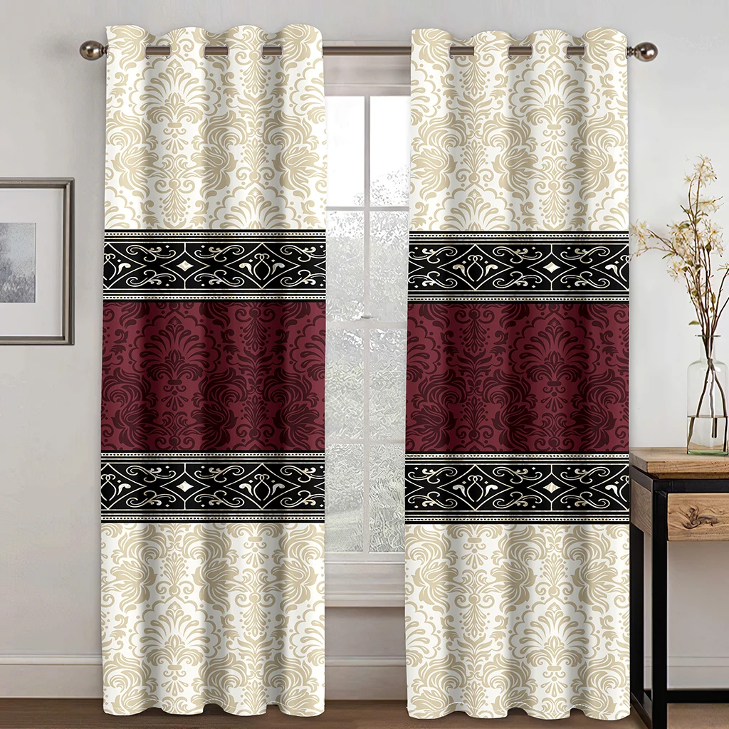 Luxury Baroque Curtains Burgundy Gold Pattern Print Drapes Vintage Palace Living Room Bedroom Decor 2 Panels Set