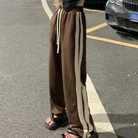 vintage brown street striped trousers female casual harajuku sports pants streetwear drawstring high waist wide leg pants