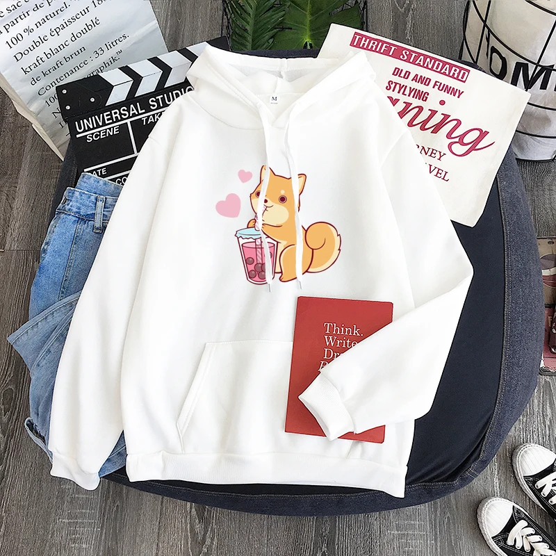 

Trend Shiba Inu Who Loves To Drink Milk Tea Print Hoodies Pullover 2022 Fashion Harajuku Winter Hoodie Women Loose Korean Style