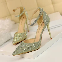 new style fashionable nightclub womens high heels shallow mouth pointed hollow out one line belt shiny rhinestone sandals