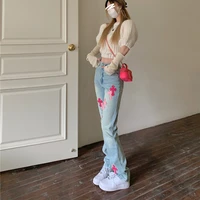 womens jeans high waist cross 2022 pink streetwear korean fashion cross sweet wide leg trouser casual mom straight denim pants