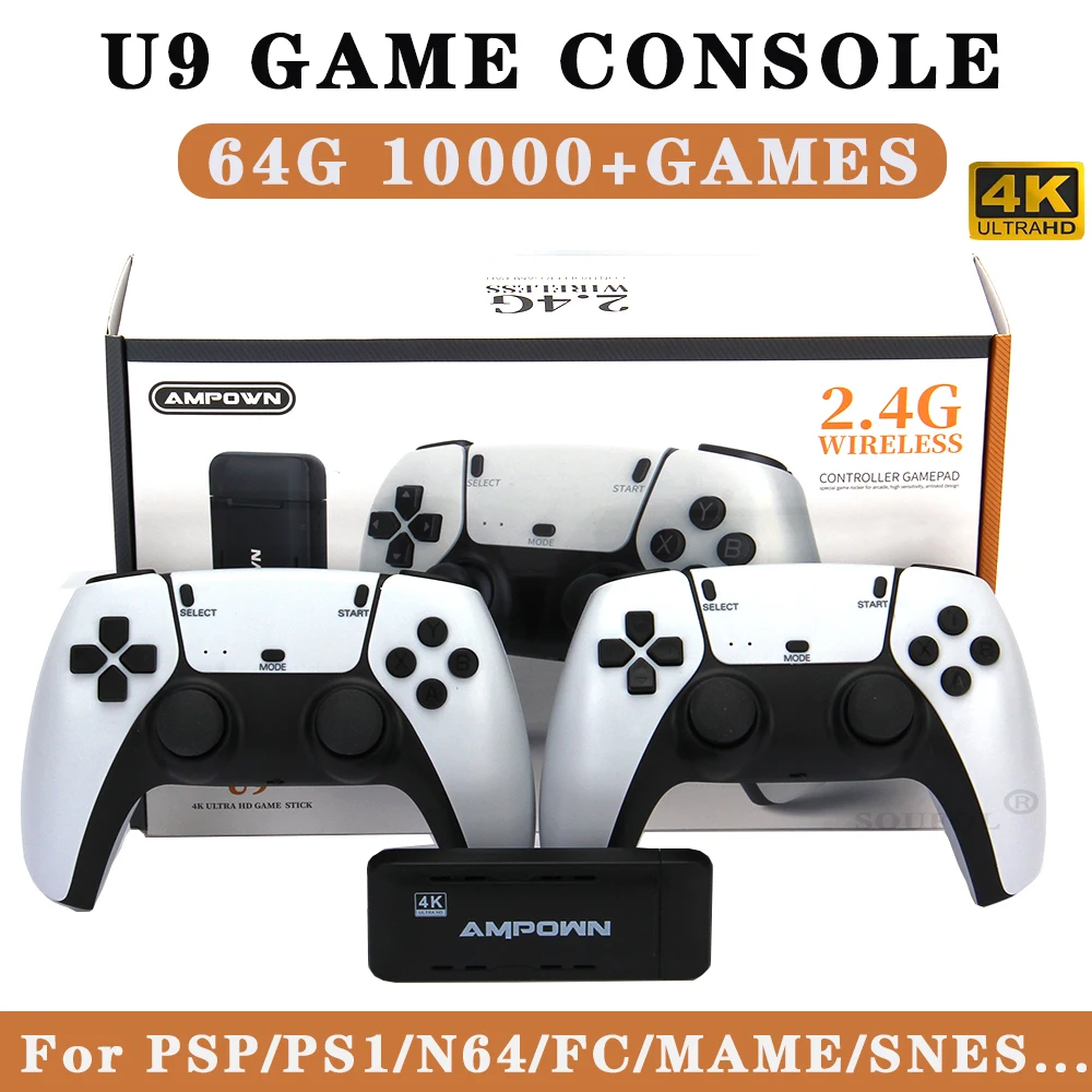 U9 4K Ultra Video Game Console Dual GamePad for PS1/PSP/N64 Retro TV Dendy Game Console HD-OUT 64GB 10000 Games Video Game Stick