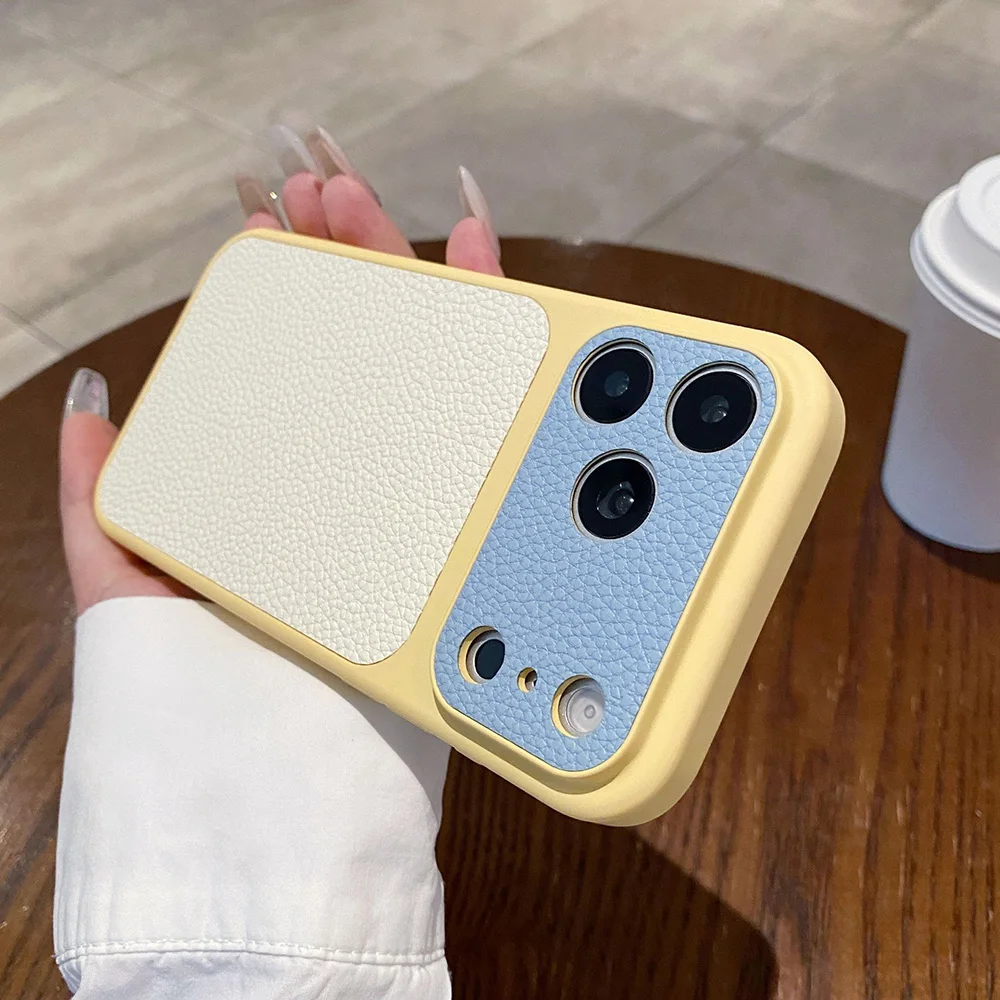 Фото Новый креативный цветной чехол из искусственной кожи PU Lichi для iPhone 17 Pro, Funda для iPhone 11, 12, 13, 14, 15, 16 Pro Max, с большим окном, полностью закрывающий корпус №3