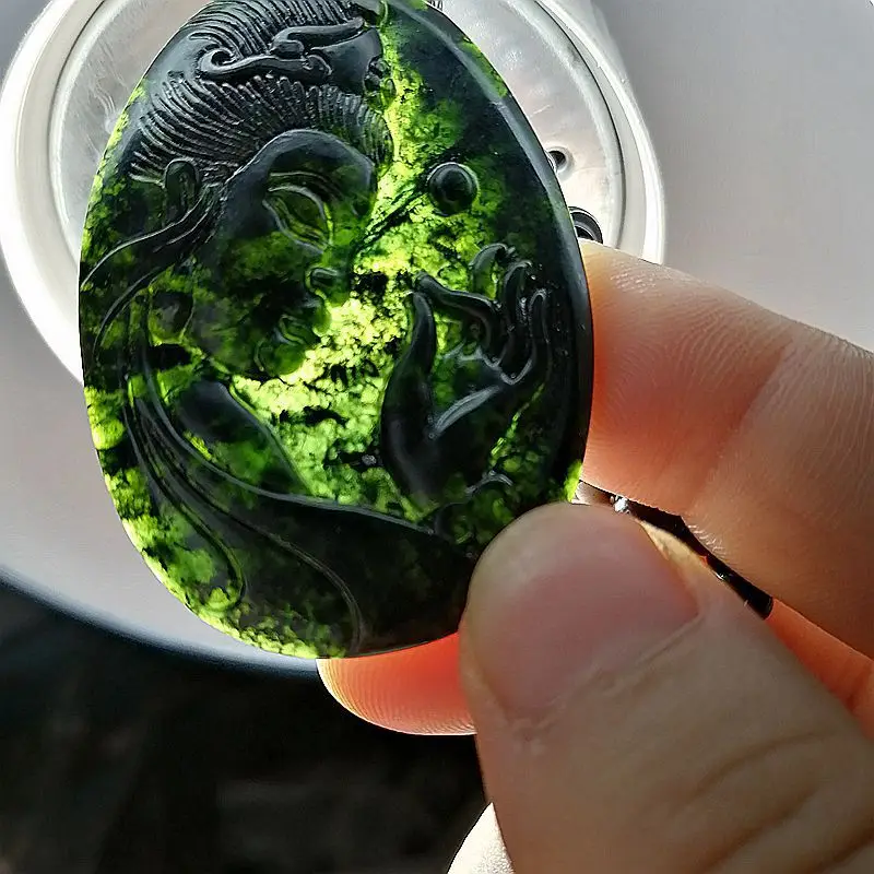 Натуральный нефрит лекарственный король графит зеленый кулон из гуаньинского