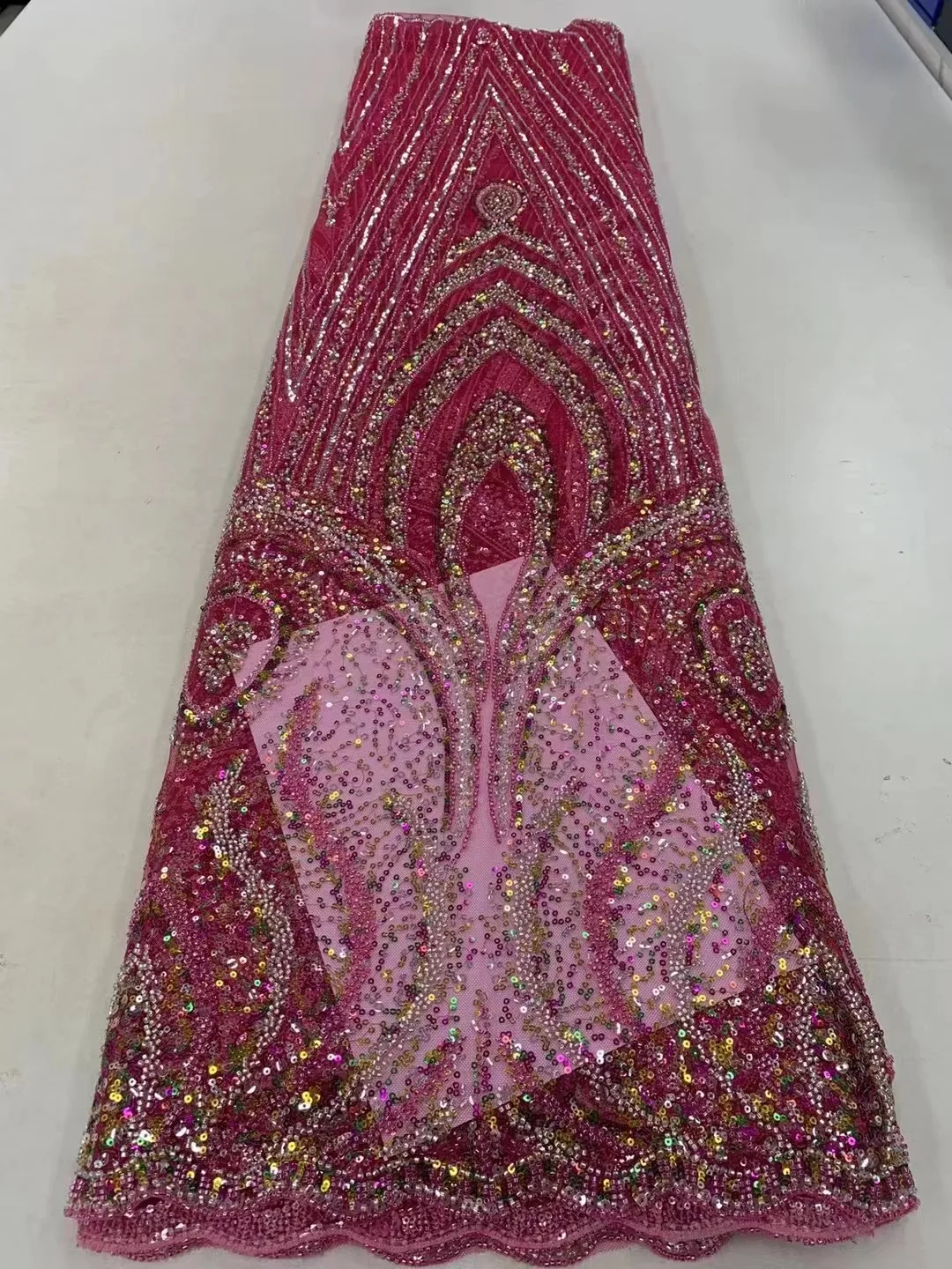 

Розовая Тяжелая кружевная ткань ручной работы с бусинами и блестками для свадебного платья роскошное вечернее платье французское кружево 5 ярдов