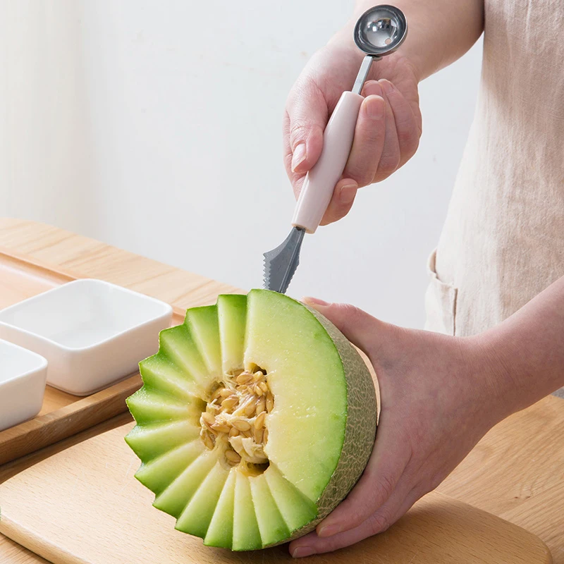 

Double-Head Stainless Steel Fruit Platter Ball Digger Corrugated Carving Knife Watermelon Ball Digger Spoon Fruit Carving Device