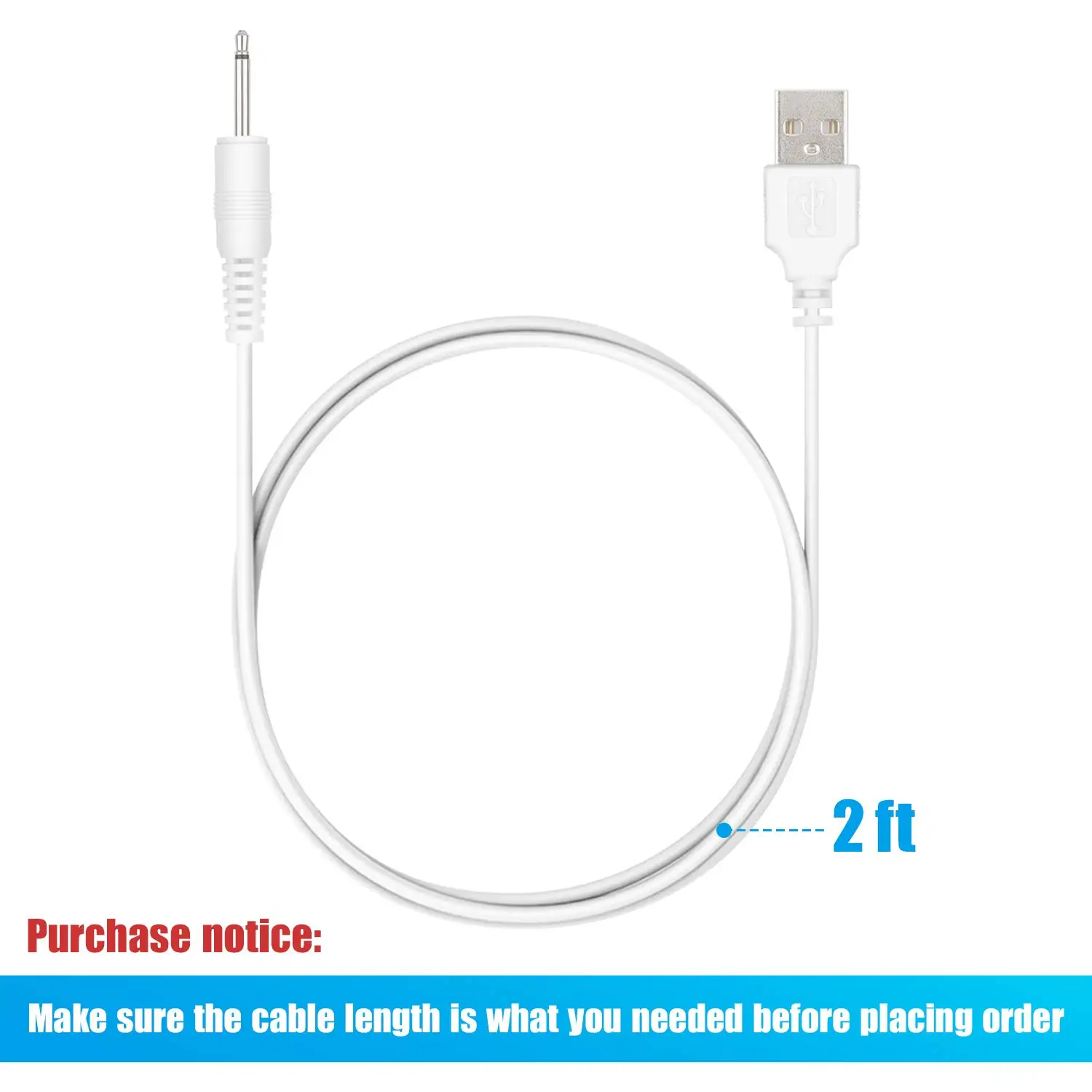 3Pack USB Charger Cable Cord 2.5mm with Fast Charging Technology for Universal Vibrating Wand Massagers and Toys 2ft White |