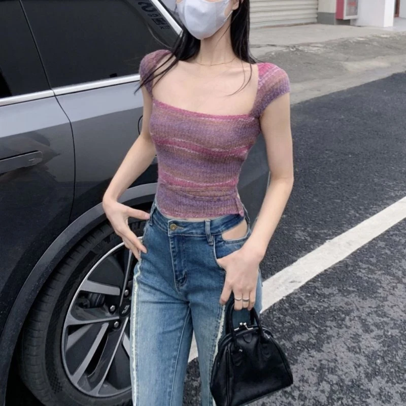 

Short Sleeve Top Elastic Waist Bodycon Insgrams Style Tops Cropped Shirts