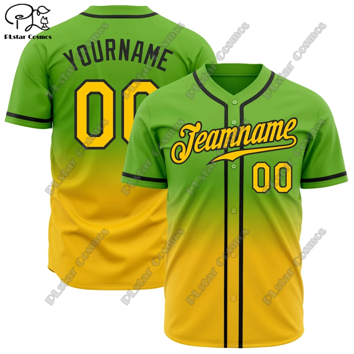 

PLSTAR COSMOS Baseball Shirt Custom Name 3D Printing Gradient Fade Summer Loose Slim Fit Unisex Yellow Green Purple Collection