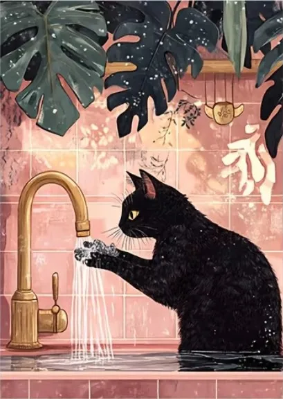 

Печать на холсте "Химерный черный кот читающий газету", винтажный розовый