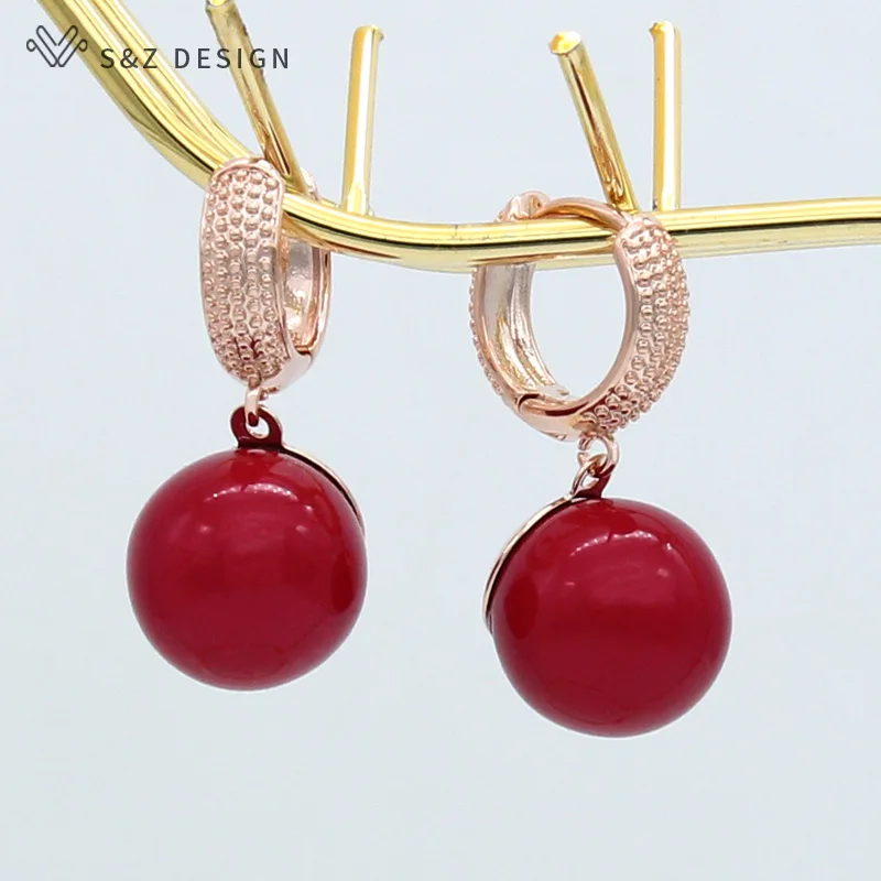 

S&Z DESIGN New Vintage 585 Rose Gold Color Round Imitation Pearl Dangle Earrings For Women Wedding Fashion Jewelry Gift