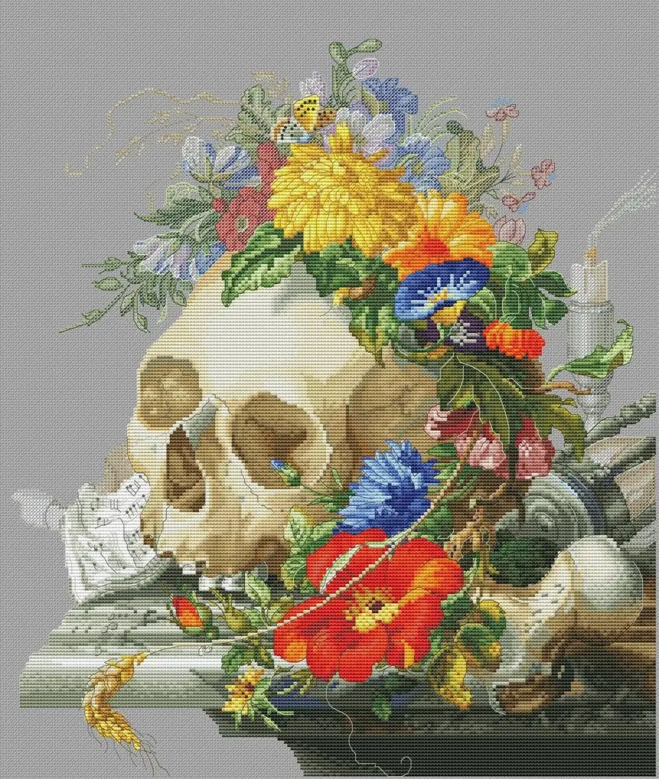 

Cross stitch Kit 14CT 18CT 25CT Canvas Cross Stitch DIY Embroidery Set DMC Threads flower skeleton 1-46-51