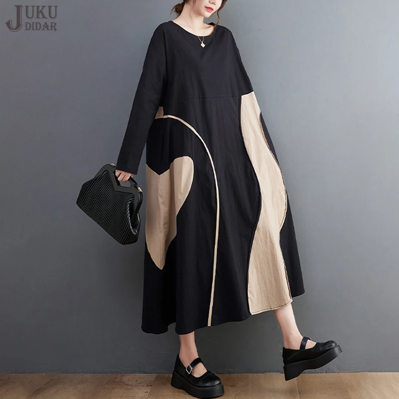 

Black Khaki Contrast Color Patchwork New 2022 Autumn Woman Long Dress Loose Fit Big Size Casual Large Robe Femme Style JJXD225