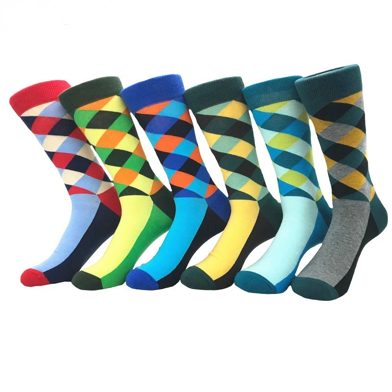 6 Pairs/Pack Retro Trend Contrasting Colors Socks Male Combed Cotton Geometric Rhombus Design Socks Men Party Business Socks