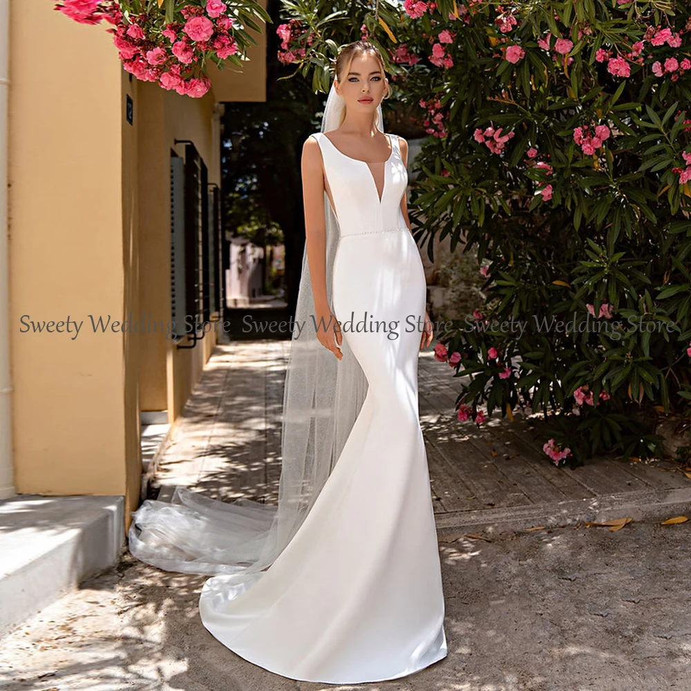 

Beach Wedding Dress Sexy Deep V Neck Sleeveless Simple Bridal Gown New Arrival Jersey Mermaid Wedding Dresses Robe Mariee