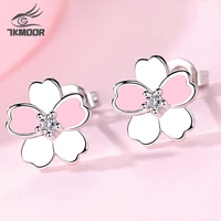 cute silver color cherry blossoms flower set pink cz stud earrings for women girls kids jewelry orecchini aros aretes