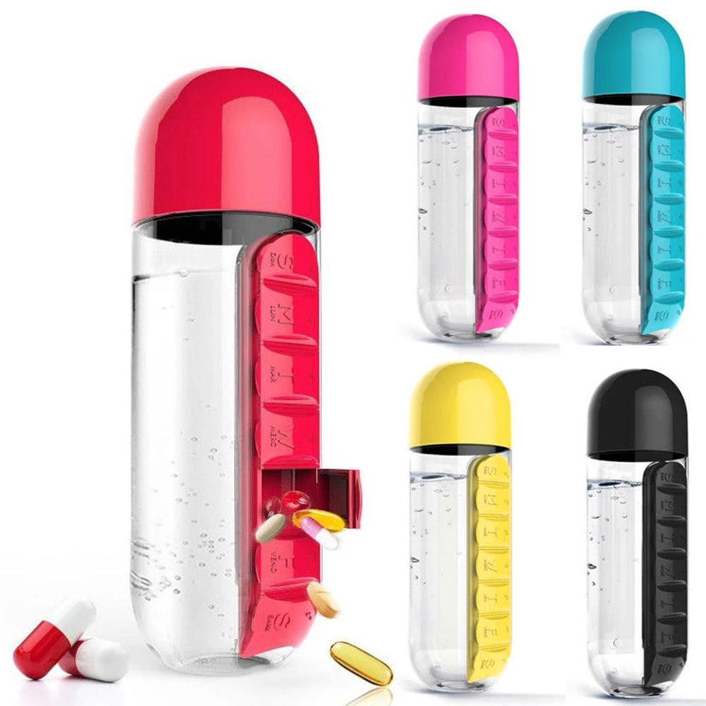 Portable 600ML Water Glass Bottle Pill Box 2 in 1 Outdoor Travel Water Bottle Medicine Cup Plastic Bottles