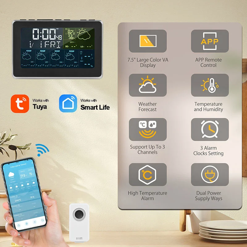 

Tuya WiFi Weather Station Color Screen APP Control Indoor Outdoor Thermometer Hygrometer 5 Days Weather Forecast 3-Alarms Clock