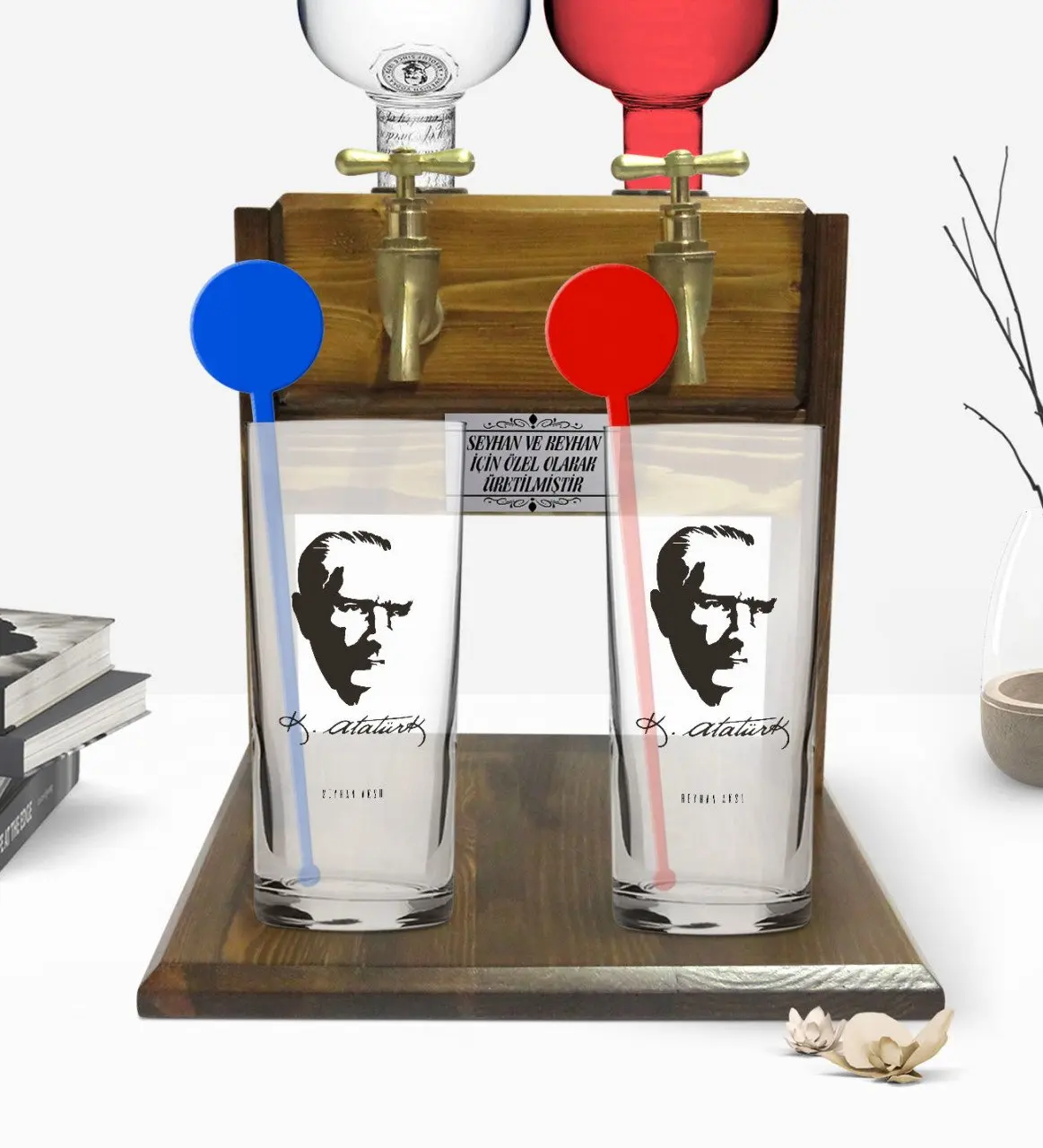 

Personalized Colorful Printed Ataturk Themed Dual Vodka Cup and Double Tap Natural Wood Vodka Standı-23