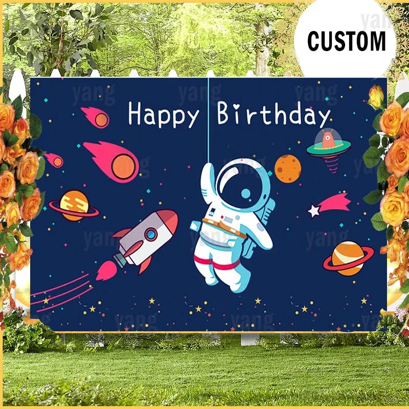 Outer Space Photo Backdrop Astronaut Rocket Baby Shower Kids Happy Birthday Party Planet Photography Backgrounds Banner