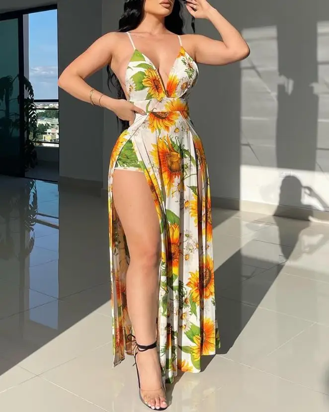 

Sexy Dresses for Women 2023 Summer Plunge Neck Sunflower Random Print High Slit Camisole Spaghetti Strap Maxi Female Dress New