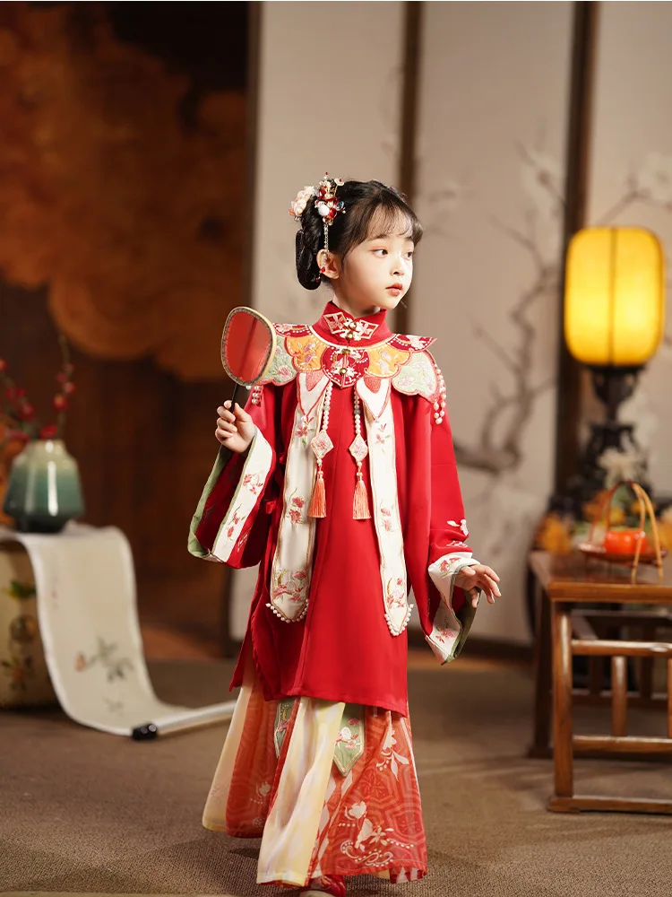 Винтажное китайское платье ханьфу детское традиционное с цветочной вышивкой