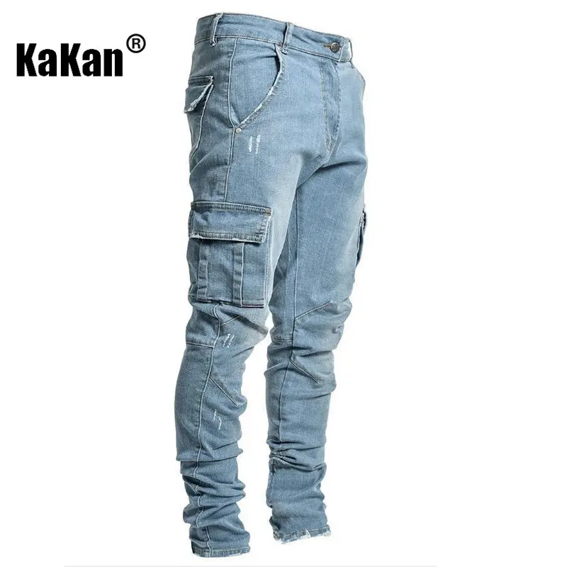 Kakan - European and American Summer New Men's Jeans, Light Blue Black Side Pocket Small Leg Tight Jeans K01-686