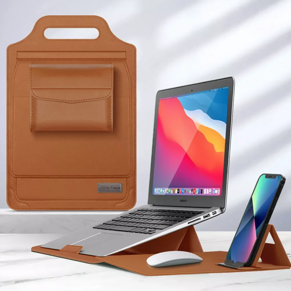 

Laptop Holder Case for MacBook Pro Air 16 15.4 13.3 12 11 Bag PU Leather Sleeve Detachable Notebook Cover with Phone Holder