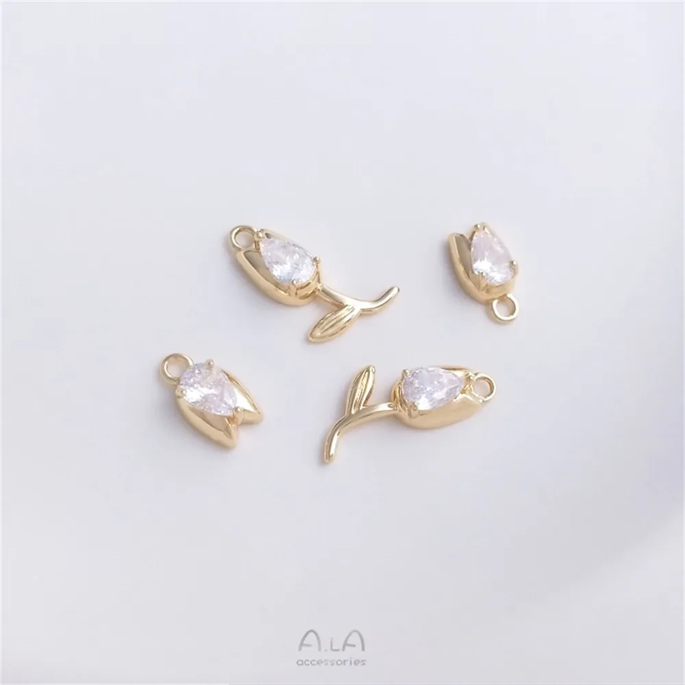 

14K gold inlay teardrop zirconia tulip pendant bud small pendant diy earrings bracelet charm