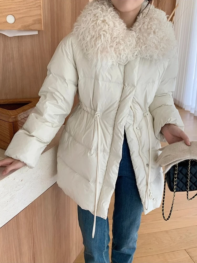 

FTLZZ Winter Women White Duck Down Coat Thick Warm Puffer Parka Outwear Casual Lady Faux Lamb Wool Collar Lapel Drawstring Coat